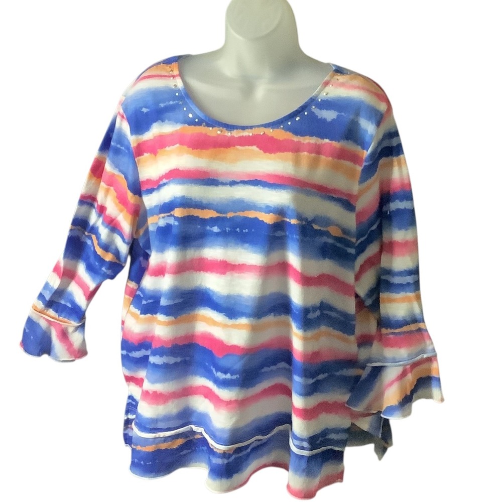 Alfred Dunner Women's Tie Dye Stripe Print Blouse Top Size Large‎ Flutter Sleeve